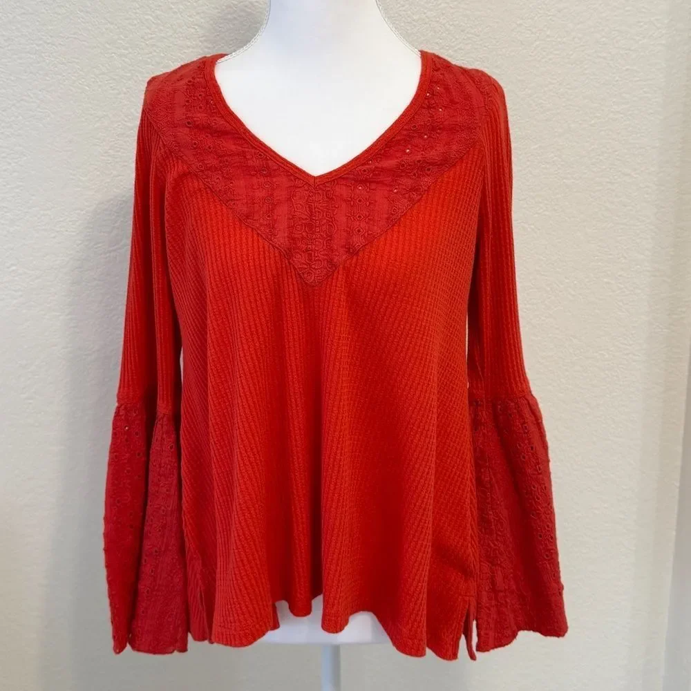 Free People Orange Bell Sleeve V‑Neck Long Sleeve Top